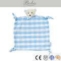 10.62"*12.5" cotton blue checked baby handkerchief with plush teddy bear toy